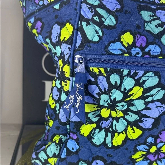 Vera Bradley Navy Quilted Tote with Teal, Lime & Purple Floral Medallions - Picture 5 of 12